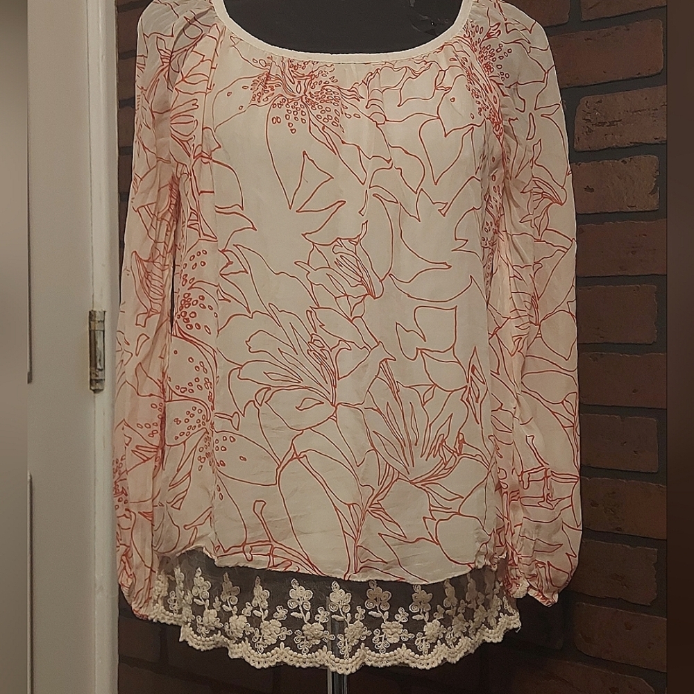Floral Print Silk Long sleeves Women's Top - Cream and Red